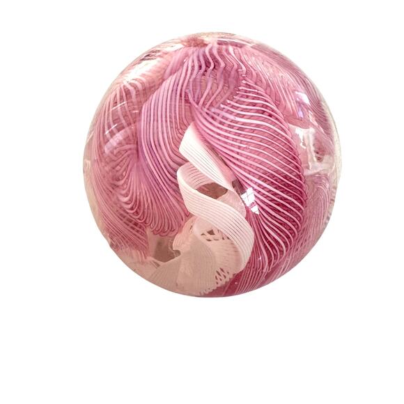 Vintage Bubble Glass Paperweight with Lattice Scrolling Pink & White Ribbons